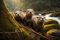Cute North American River Otters on the bank of a river, created with Generative AI technology Royalty Free Stock Photo