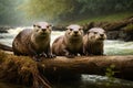 Cute North American River Otters Sitting on Tree Stump over River, created with Generative AI technology Royalty Free Stock Photo