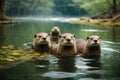 Cute North American River Otters Swimming in Calm River, created with Generative AI technology Royalty Free Stock Photo