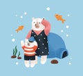 Cute Northern bear family. Baby animal characters, mother and child. Childish nursery fairytale. Adorable mom and kid
