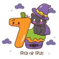 cute number 7 Halloween pumpkin jack o lanterns and cat witch on cupcake Character cartoon (Kawaii vector). Royalty Free Stock Photo