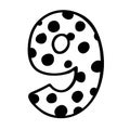 Cute number 9. Hand drown vector nine with polka dot. Design for 9 years kid, kid party decor, logo, sticker, greeting card, shirt