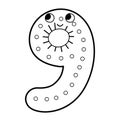 Cute number nine character for kids in outline. Leaning numbers for preschool