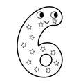 Cute number six black and white character for kids. Leaning numbers for preschool