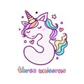 Cute Number Three Unicorn Character Vector Illustration