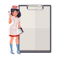 Cute nurse with paper clipboard to presentation -