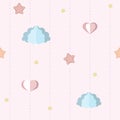 Cute nursery, children`s bedroom wallpaper with paper clouds, stars and hearts. Seamless pink pattern with dotted stripes.