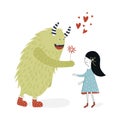 Cute nursery poster with girl and monster. Vector illustration in scandinavian style
