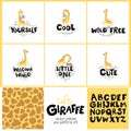 Cute nursery set, card with giraffe in simple hand-drawing cartoon style. Colorful Vector Illustration. Lettering