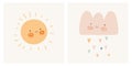 Cute Nursery Vector Art with Smiling Sun, Fluffy Cloud.