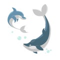 Cute ocaenic whale and sea dolphin isolated illustration