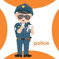 Colorful flashcard kidsÃ¢â¬â¢ profession dream. a cute police officer writes a speeding ticket. Royalty Free Stock Photo