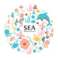 Cute ocean animals on a white background. Childish vector illustration