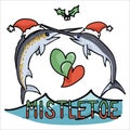 Cute ocean marlin mistletoe cartoon vector illustration motif set. Hand drawn isolated sea life lover swordfish elements