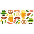 Cute Octoberfest Menu background with beer, sausage, pretzel, hunting hat with feather, mustache and oak leaves