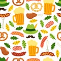 Cute Octoberfest seamless background beer, sausage, pretzel, hunting hat with feather, mustache and oak leaves Royalty Free Stock Photo