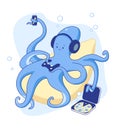 Cute octopus gamer plays videogame on console at home. Stay at home.