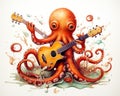 The cute octopus is playing guitar music.