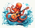 The cute octopus is playing guitar music.