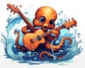 The cute octopus is playing guitar music.