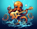 The cute octopus is playing guitar music.