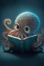 Cute Octopus Reading Book, Adorable Smart Sea Creature Character Sitting with Book cartoon style Illustration generative ai