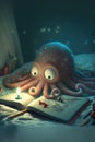 Cute Octopus Reading Book, Adorable Smart Sea Creature Character Sitting with Book cartoon style Illustration generative ai