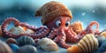 A Cute Octopus Wearing a Tiny Hat Playing with Sea Shells for Underwater Whimsical and AnimalThemed Design Projects Royalty Free Stock Photo