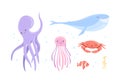 Cute Octopus, Whale, Crab, Jellyfish and Seahorse as Sea Animal Floating Underwater Vector Set Royalty Free Stock Photo