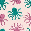 Cute octopuses hand drawn vector illustration. Funny colorful underwater animal in flat style seamless pattern for kids fabric.