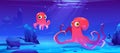 Cute octopuses swim underwater in sea