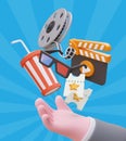 Cute offer to watch movie. Realistic hand, cinema theme objects