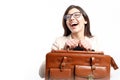 Cute Office Girl Holding Leather Satchel and Laughing