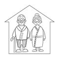 Cute old couple, grandma and grandpa at home in isolation, coloring page. Stay at home. Quarantine