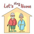 Cute old couple, grandma and grandpa at home in isolation. Stay at home. Quarantine