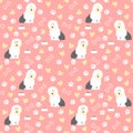 Cute Old English Sheepdog puppy seamless pattern background with hand drawn bones, bowl, paws and hearts. Cartoon dog puppy. Royalty Free Stock Photo