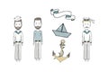 Cute Old-fashioned sailing ship and modern cruise liner flat icons set with anchor helm compass vector illustration
