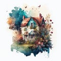 Cute old house and trees. Watercolor cottage on white background. Villa with garden. Generative Ai