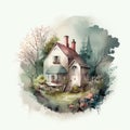 Cute old house and trees. Watercolor cottage on white background. Villa with garden. Generative Ai