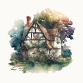 Cute old house and trees. Watercolor cottage on white background. Villa with garden. Generative Ai