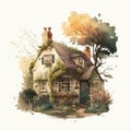 Cute old house and trees. Watercolor cottage on white background. Villa with garden. Generative Ai