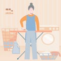 Cute old lady ironing clothes, active granny character, daily routine of grandma