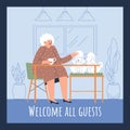 Cute old lady sitting in cafe with two poodle dogs, pet friendly cafe poster, flat vector illustration.