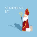 Cute old man St. Nicholas with mitre, white beard and gift boxes . Christmas invitation, greeting card. Flat kids design