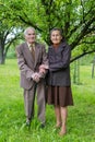 Cute old married couple posing for a portrait in their garden. Love forever concept.