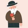 Cute old smiling man holds red rose