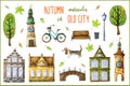 Cute Old Town Houses, Town Hall, Bell Tower, Bridge, Cartoon Trees, Retro Bike, Basset Hound Dog, Bench, Old Street Lamp And Trash