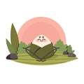 Cute onigiri in lotus pose meditating in nature. Asian food. Rice ball as traditional japanese dish. Doodle drawn vector
