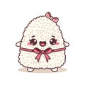 Cute Onigiri Rice Japanese Food Cartoon Character Wearing Pink Ribbon with Smile Expression