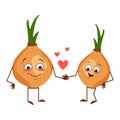 Cute onion characters with love emotions, face, arms and legs. The funny or happy heroes, vegetable